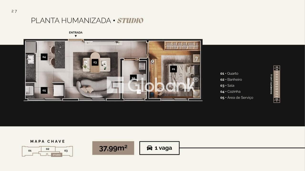 Flat 1 quarto à venda Morada do Sol 37,99m² Montes Claros MG: Planta flat