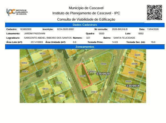 Terreno para à venda no Bairro SANTA FELICIDADE em CASCAVEL: 