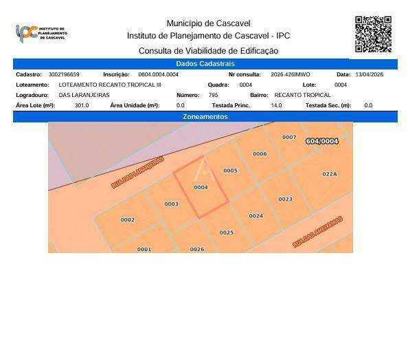 Terreno para à venda no Bairro TROPICAL III em CASCAVEL: 