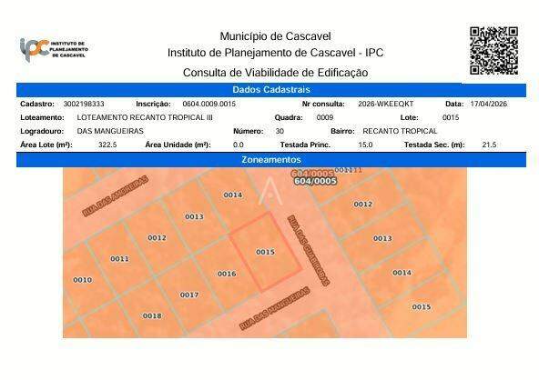 Terreno para à venda no Bairro RECANTO TROPICAL em CASCAVEL: 