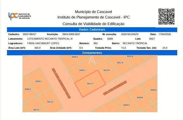 Terreno para à venda no Bairro TROPICAL III em CASCAVEL: 