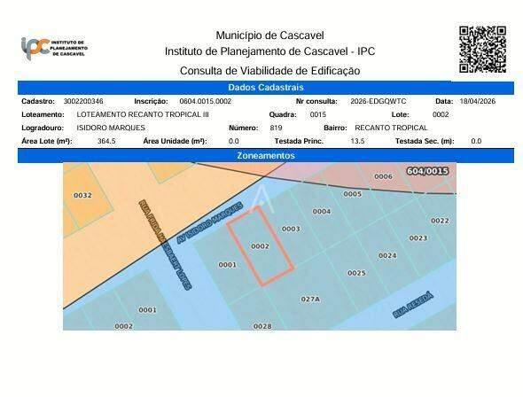 Terreno para à venda no Bairro RECANTO TROPICAL III em CASCAVEL: 