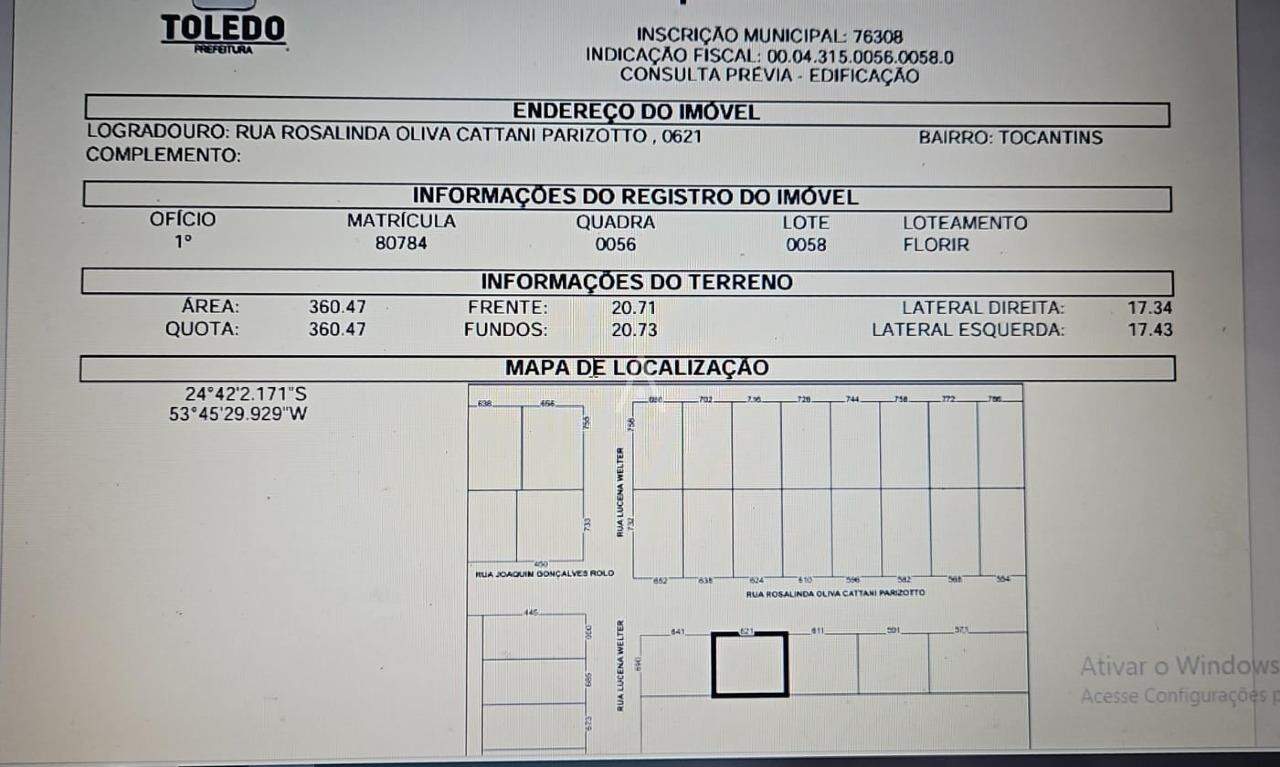Terreno para à venda no Bairro TOCANTINS em TOLEDO: