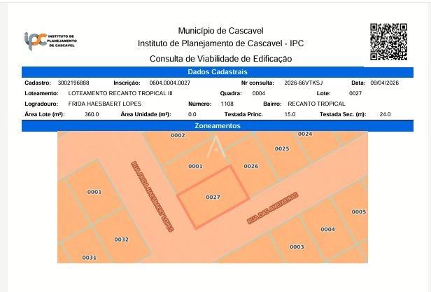Terreno para à venda no Bairro RECANTO TROPICAL em CASCAVEL: 