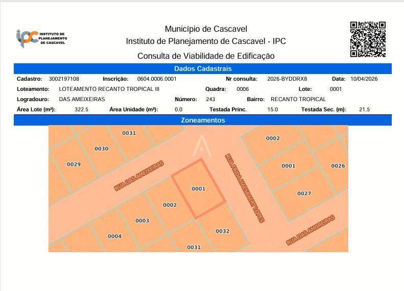Terreno para à venda no Bairro RECANTO TROPICAL em CASCAVEL: 