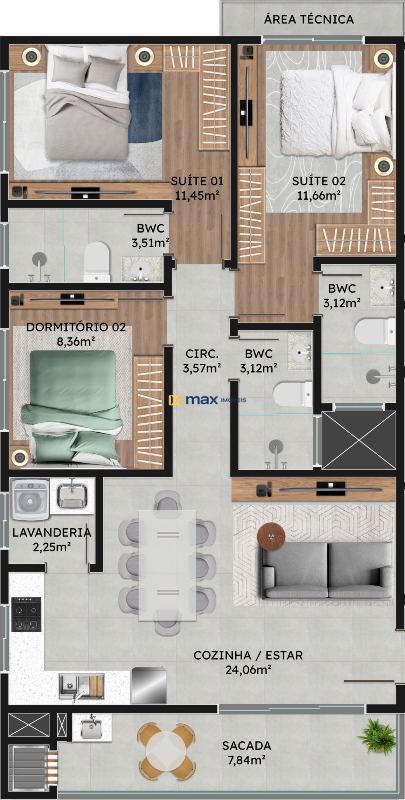 Apartamento à venda no Gravatá: Planta Tipo 01