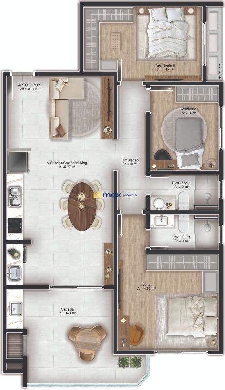 Apartamento à venda no Gravatá: Planta Tipo 01