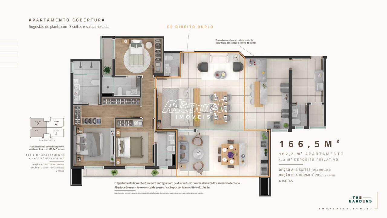 Apartamento à venda no Jardim Elite: Planta 166,5 m² - Cobertura, 3 suítes (sala ampliada) ou 4 dormitórios sendo 02 suítes