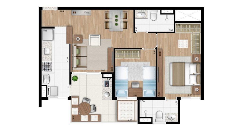 64m² 2 dormitórios c/1 suíte e closet