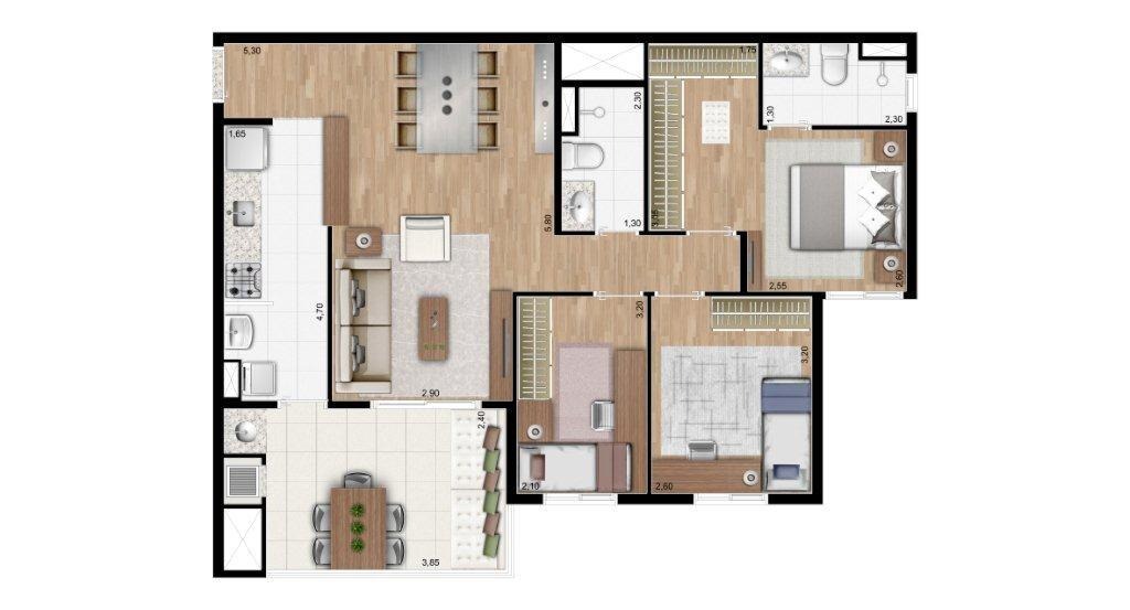 85m² 3 dormitórios c/1 suíte e closet 