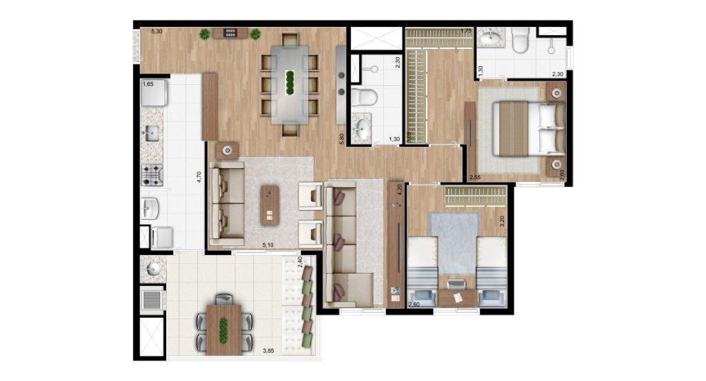 85m² 2 dormitórios opcional living ampliado