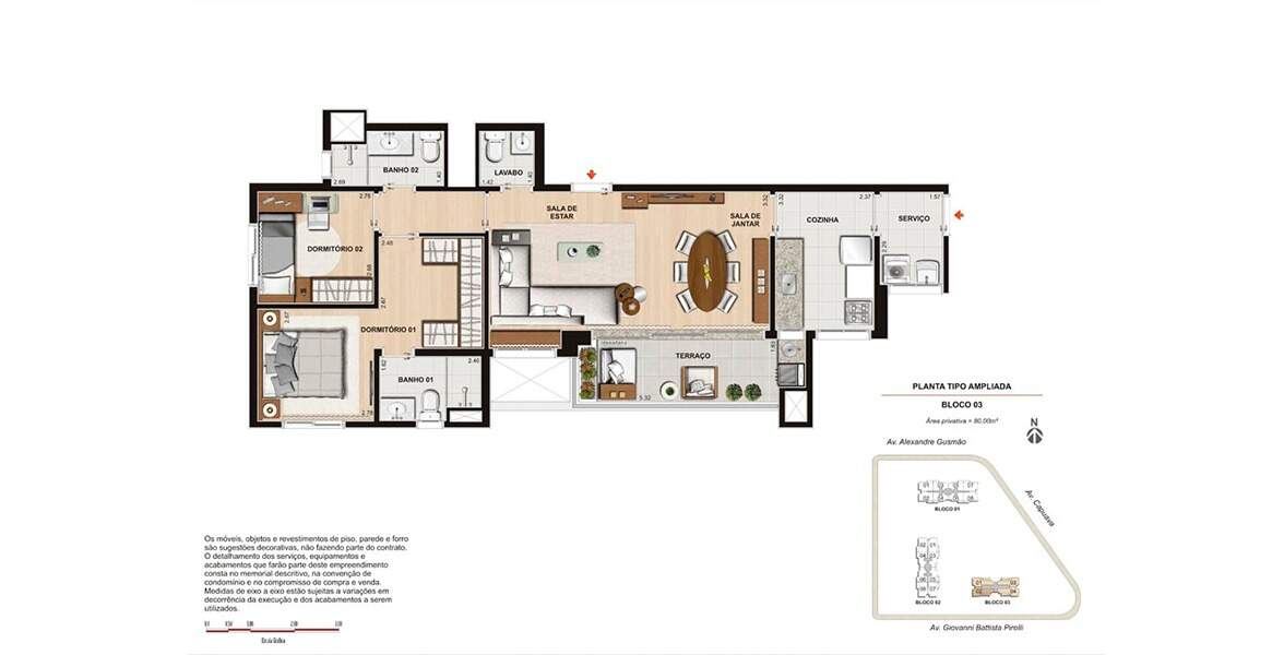 Planta 80m² 2 dormitórios 1 suíte