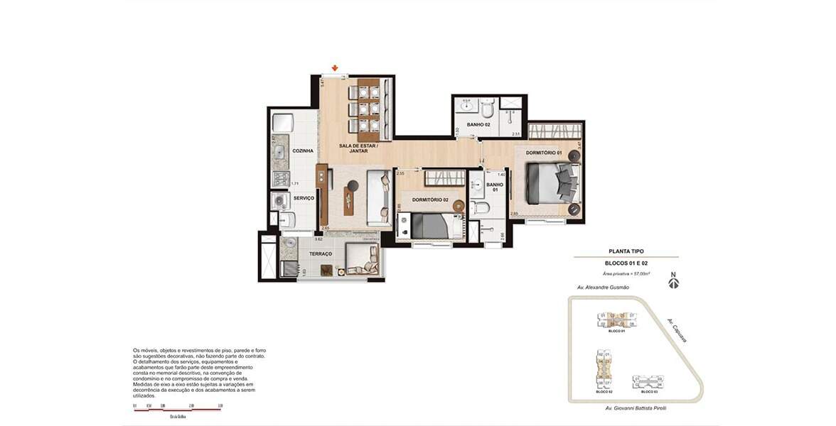 Planta 57m² 2 dormitórios 1 suíte