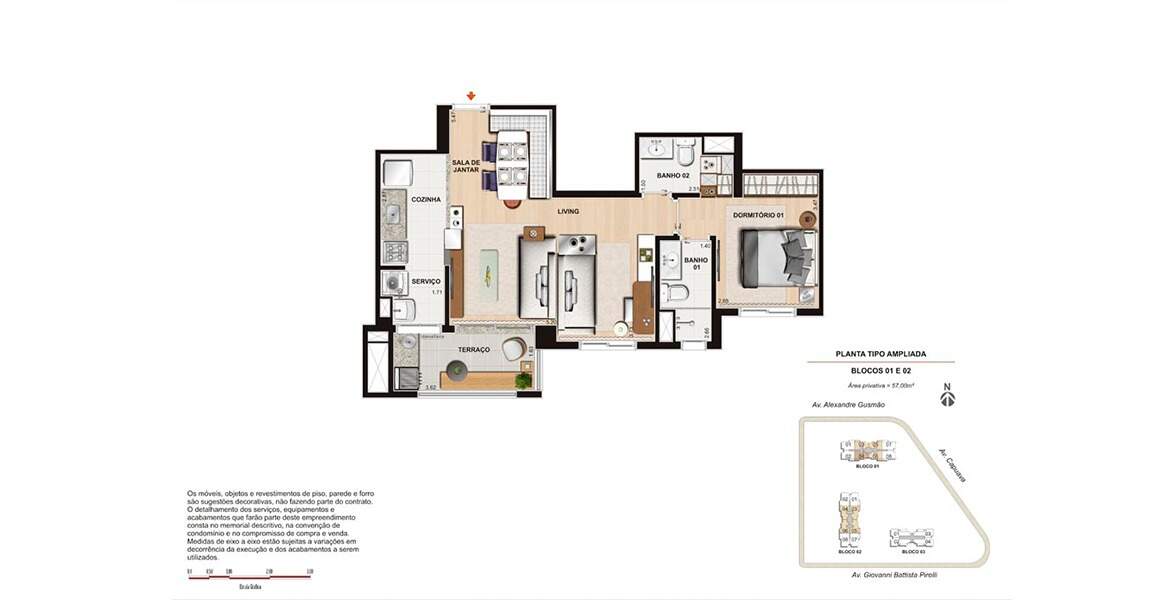 Planta 57m² 2 dormitórios 1 suíte