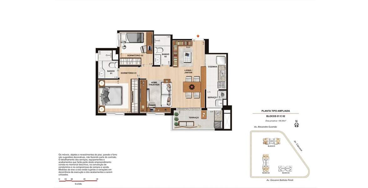 Planta 66m² 2 dormitórios 1 suíte