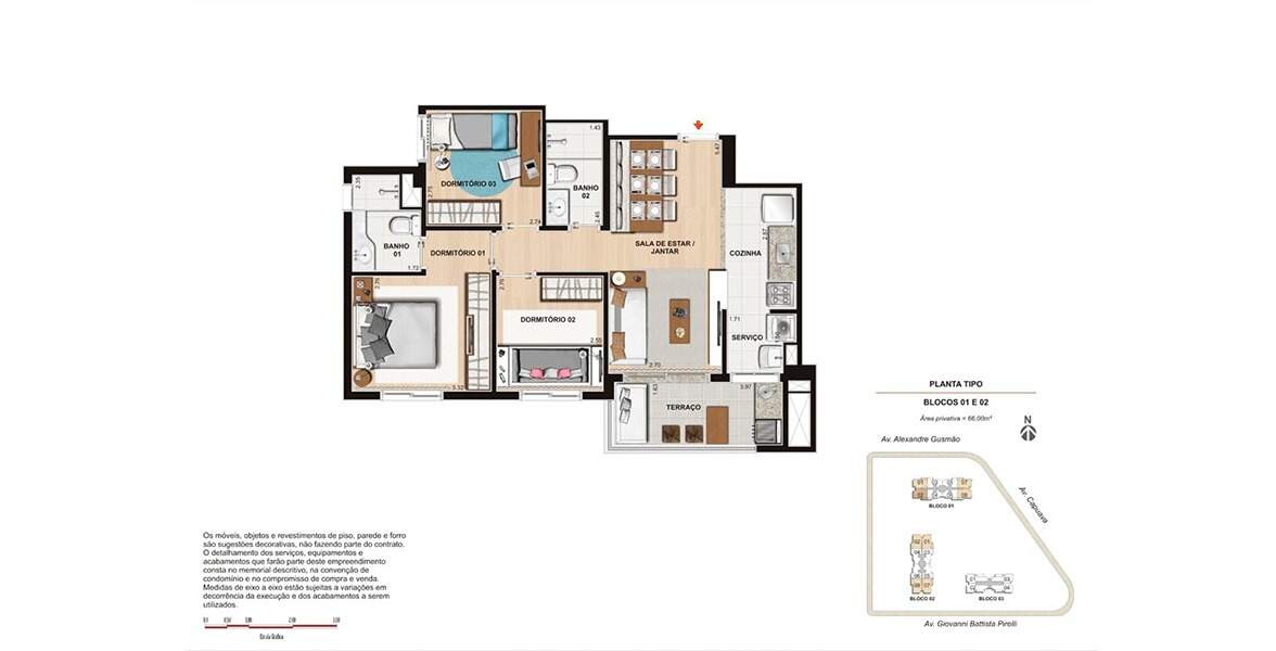 Planta 66m² 3 dormitórios 1 suíte