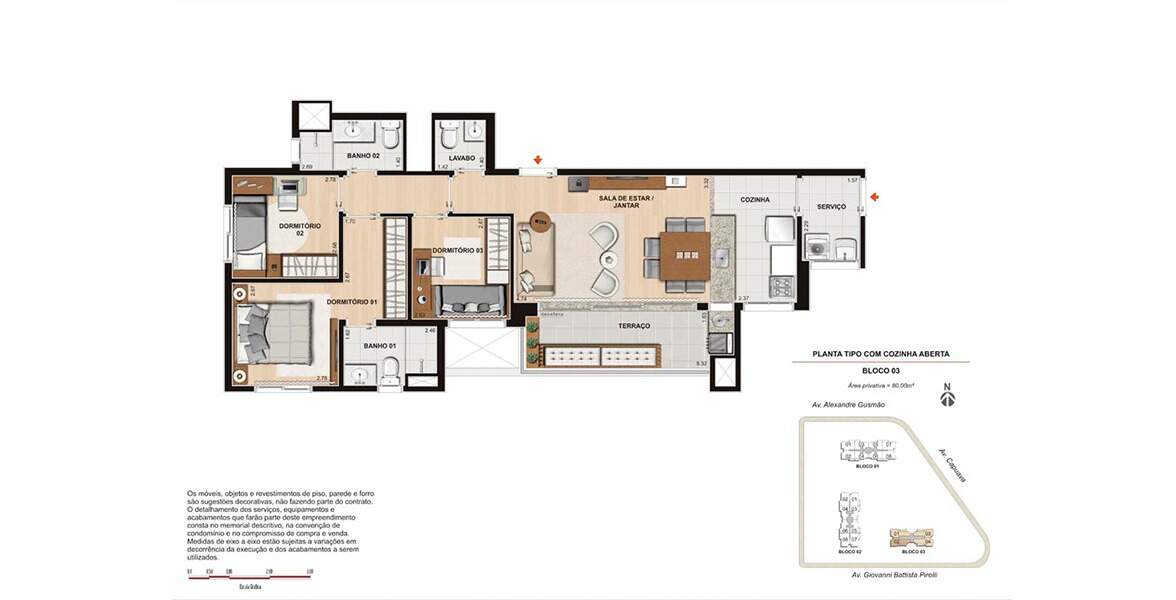 Planta 80m² 3 dormitórios 1 suíte