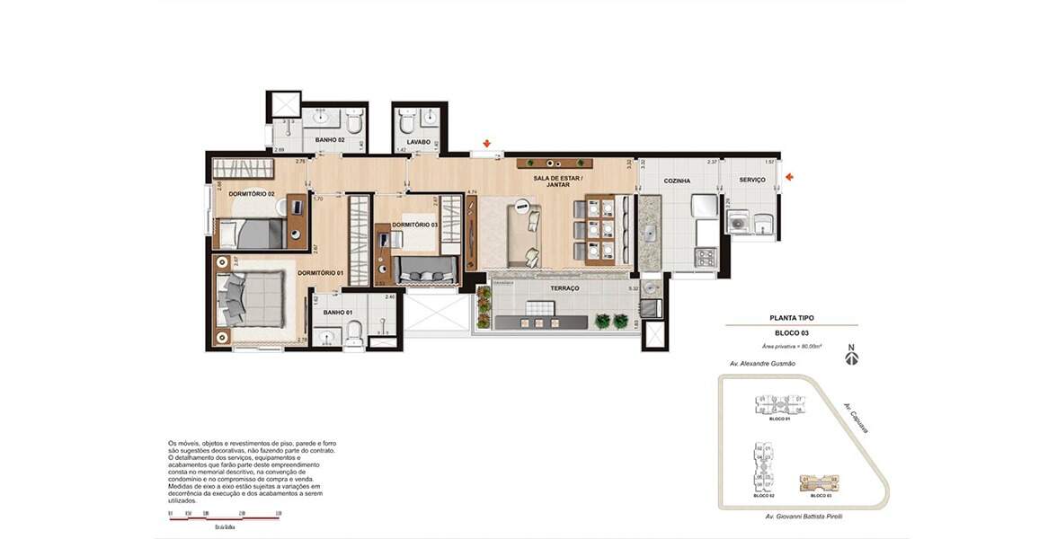Planta 80m² 3 dormitórios 1 suíte