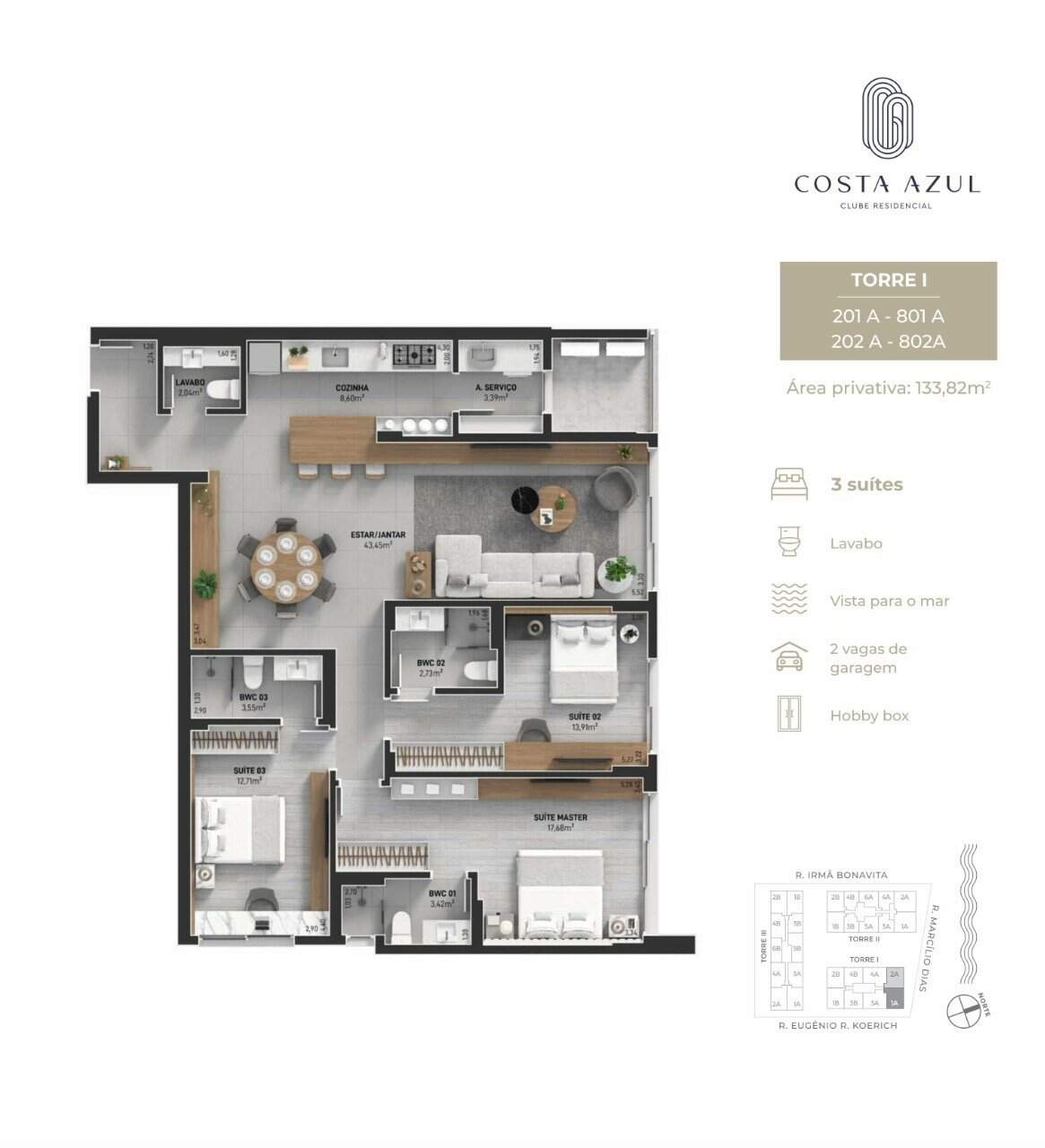 Apartamento à venda no Jardim Atlantico: Planta humanizada final 01A e 02A Torre I - 3 su tes (imagem ilustrativa - mobili rio n o inclu do)
