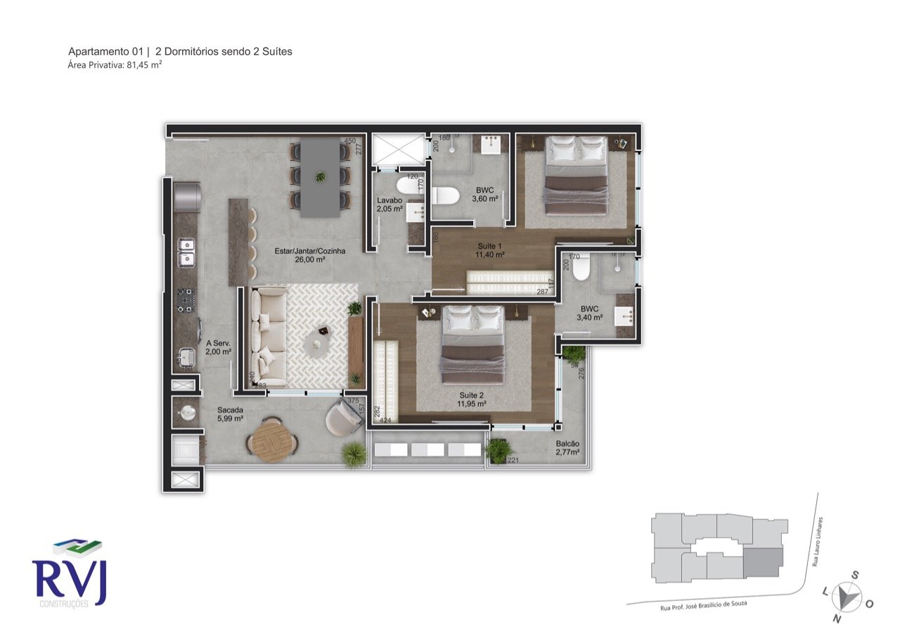 Apartamento à venda no Trindade: Planta humanizada final 01 - 2 su tes (imagem ilustrativa - mobili rio e decora  o n o inclu dos)