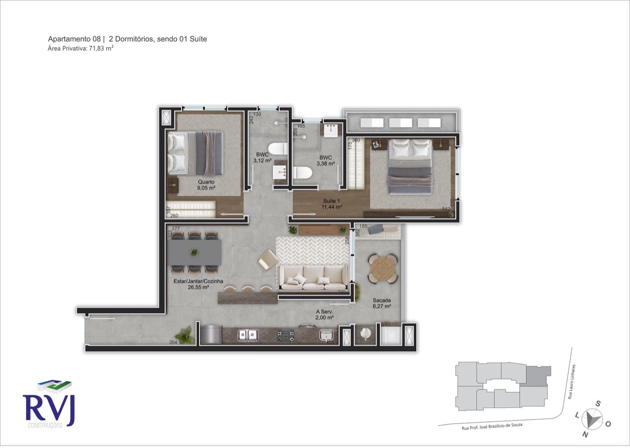 Apartamento à venda no Trindade: Planta humanizada final 08 - 2 dorms (imagem ilustrativa - mobili rio e decora  o n o inclu dos)