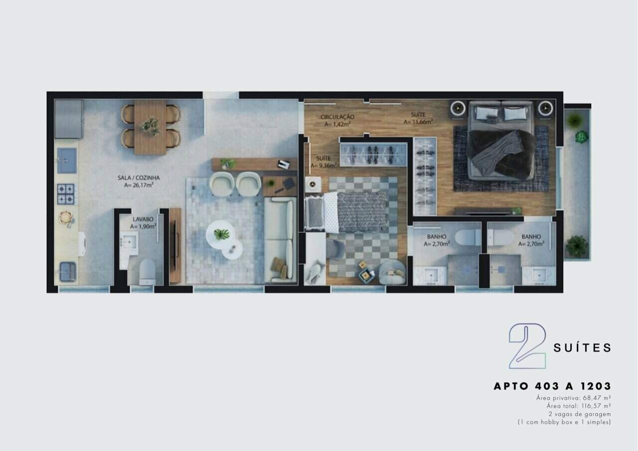 Apartamento à venda no Centro: Planta humanizada final 03 - 2 su tes (imagem ilustrativa - mobili rio e decora  o n o inclu dos)