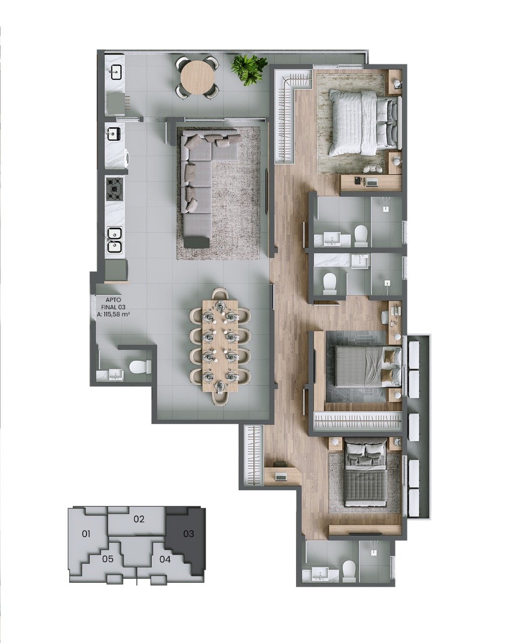 Apartamento à venda no Agronomica: Planta humanizada final 03 - 3 su tes (imagem ilustrativa - mobili rio e decora  o n o inclu dos)