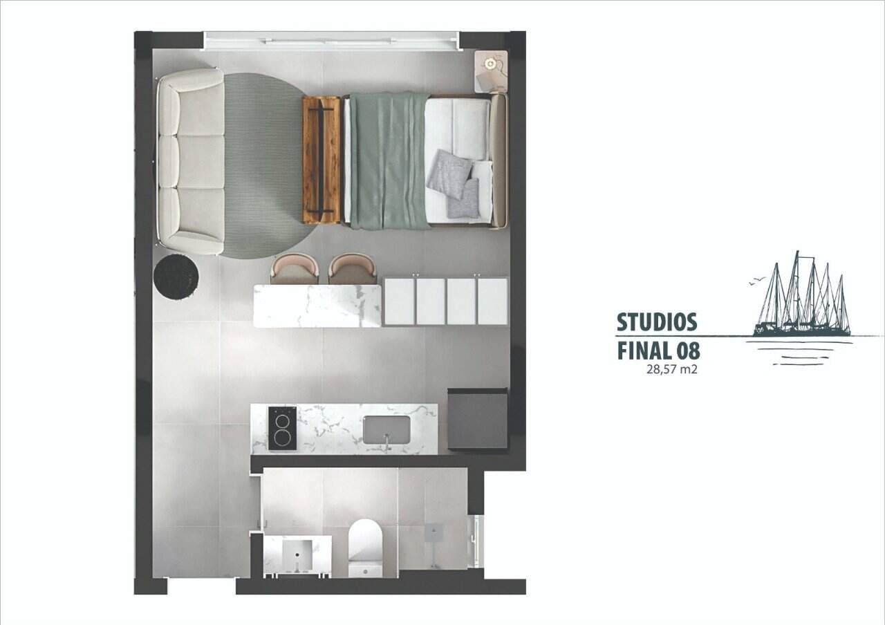 Apartamento à venda no Centro: Planta humanizada final 8 - est dio (imagem ilustrativa - mobili rio e decora o n o inclu dos)