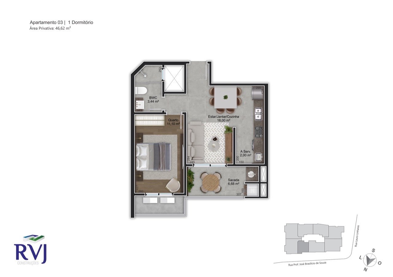 Apartamento à venda no Trindade: Planta humanizada final 03 - 1 dorm (imagem ilustrativa - mobili rio e decora  o n o inclu dos)