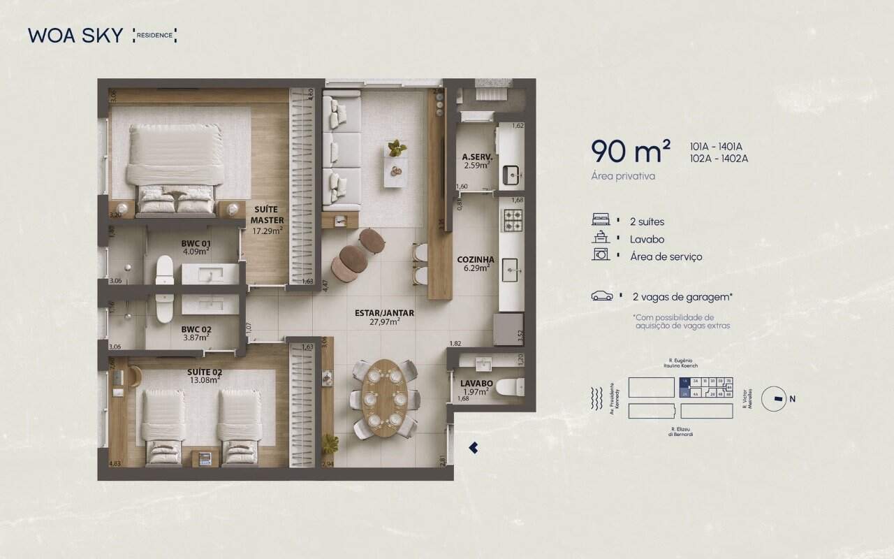 Apartamento à venda no Campinas: Planta humanizada apartamento final 01A - 2 su tes (imagem ilustrativa - mobili rio n o inclu do)