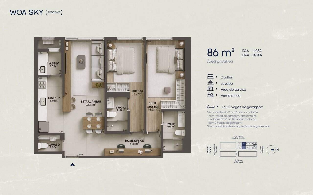Apartamento à venda no Campinas: Planta humanizada apartamento final 03A - 2 su tes (imagem ilustrativa - mobili rio n o inclu do)