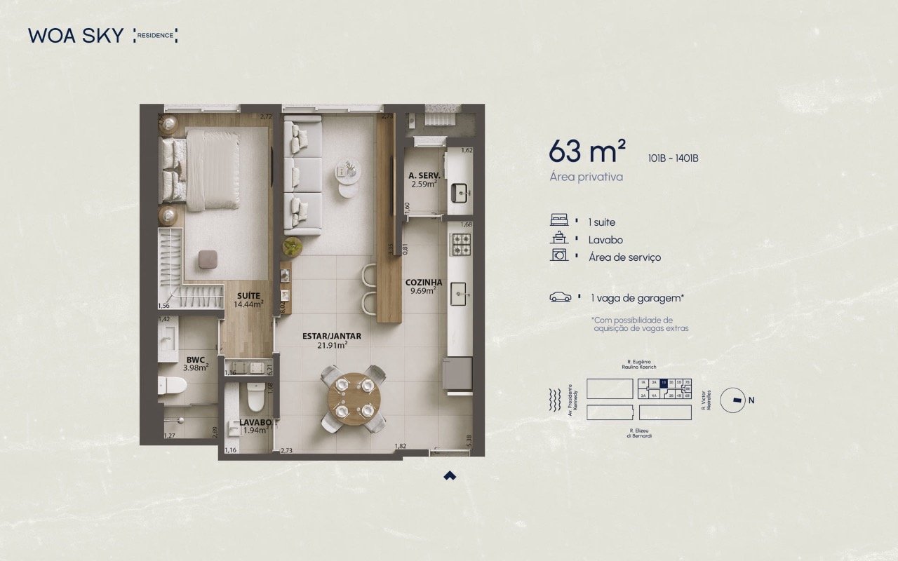 Apartamento à venda no Campinas: Planta humanizada apartamento final 01B - 1 su te (imagem ilustrativa - mobili rio n o inclu do)