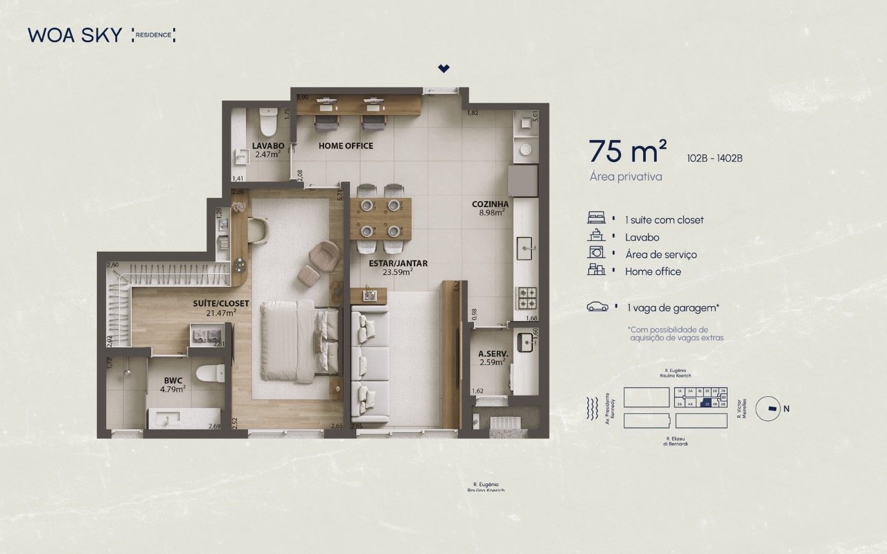 Apartamento à venda no Campinas: Planta humanizada apartamento final 02B - 1 su te (imagem ilustrativa - mobili rio n o inclu do)