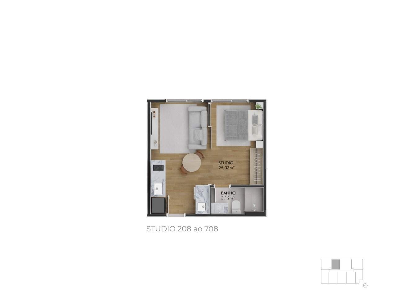 Estúdio à venda no Centro: Planta humanizada est dio final 8 - imagem ilustrativa, mobili rio n o inclu do