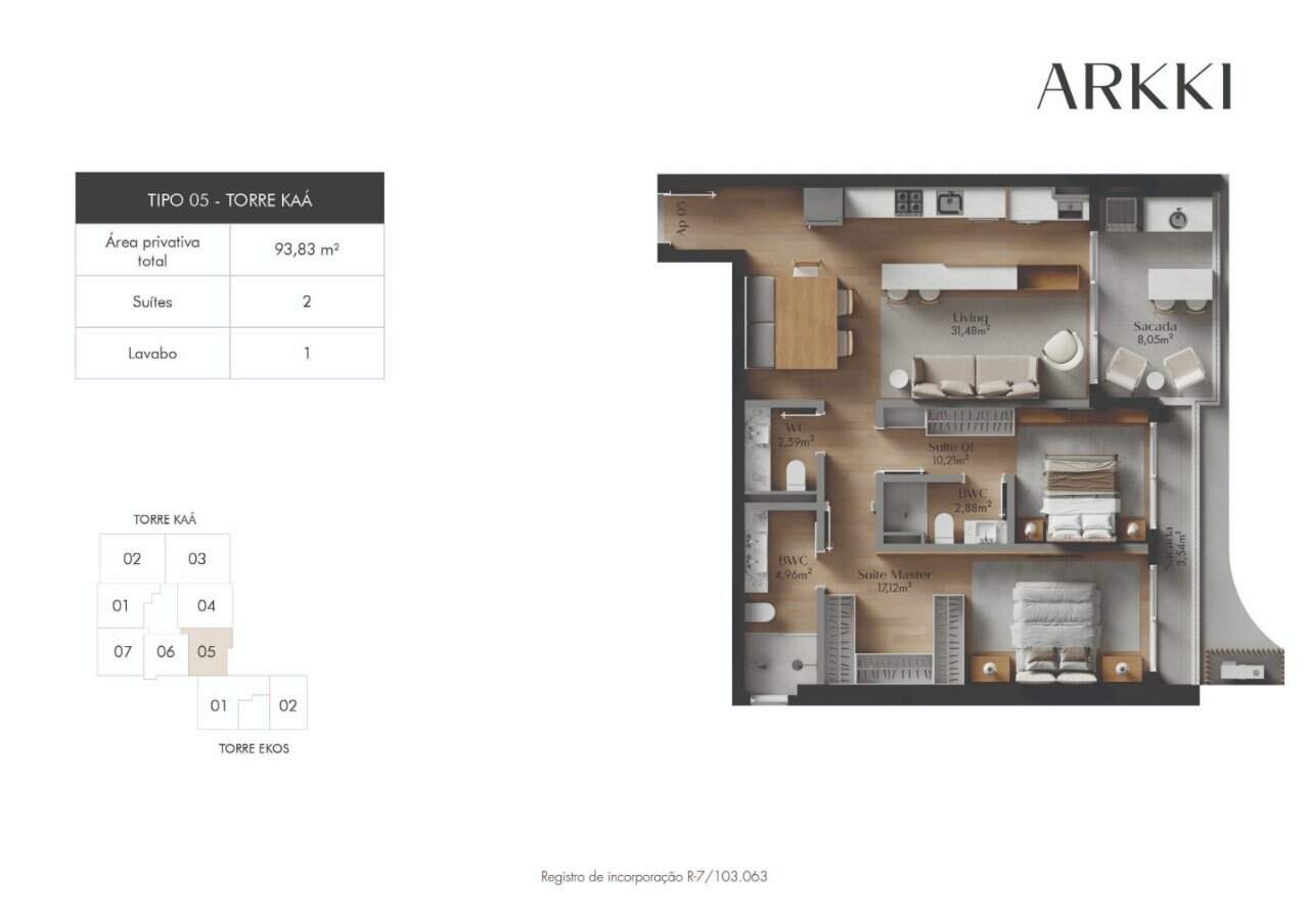 Apartamento à venda no Centro: Planta humanizada final 05 Torre Ka  - imagem ilustrativa, mobili rio n o inclu do
