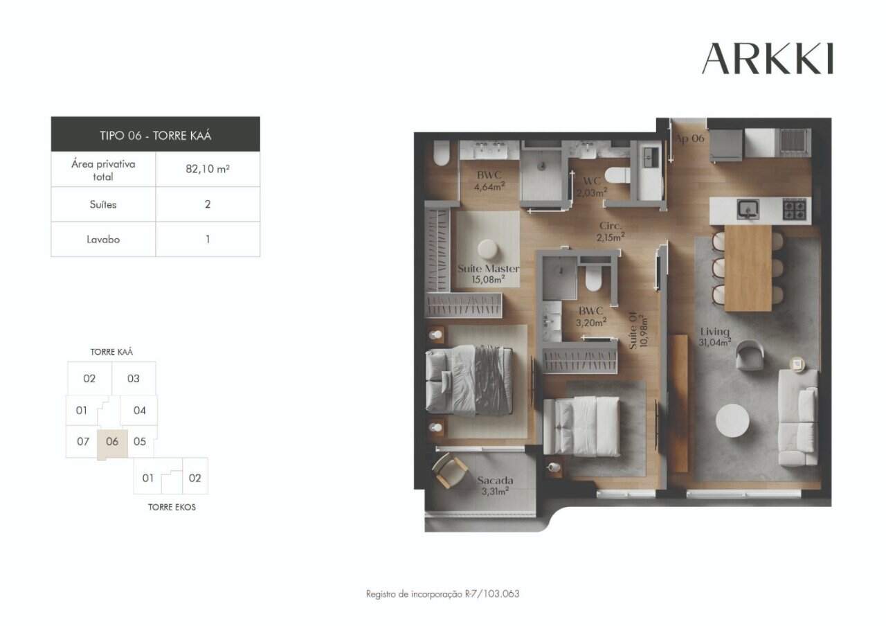 Apartamento à venda no Centro: Planta humanizada final 06 Torre Ka  - imagem ilustrativa, mobili rio n o inclu do
