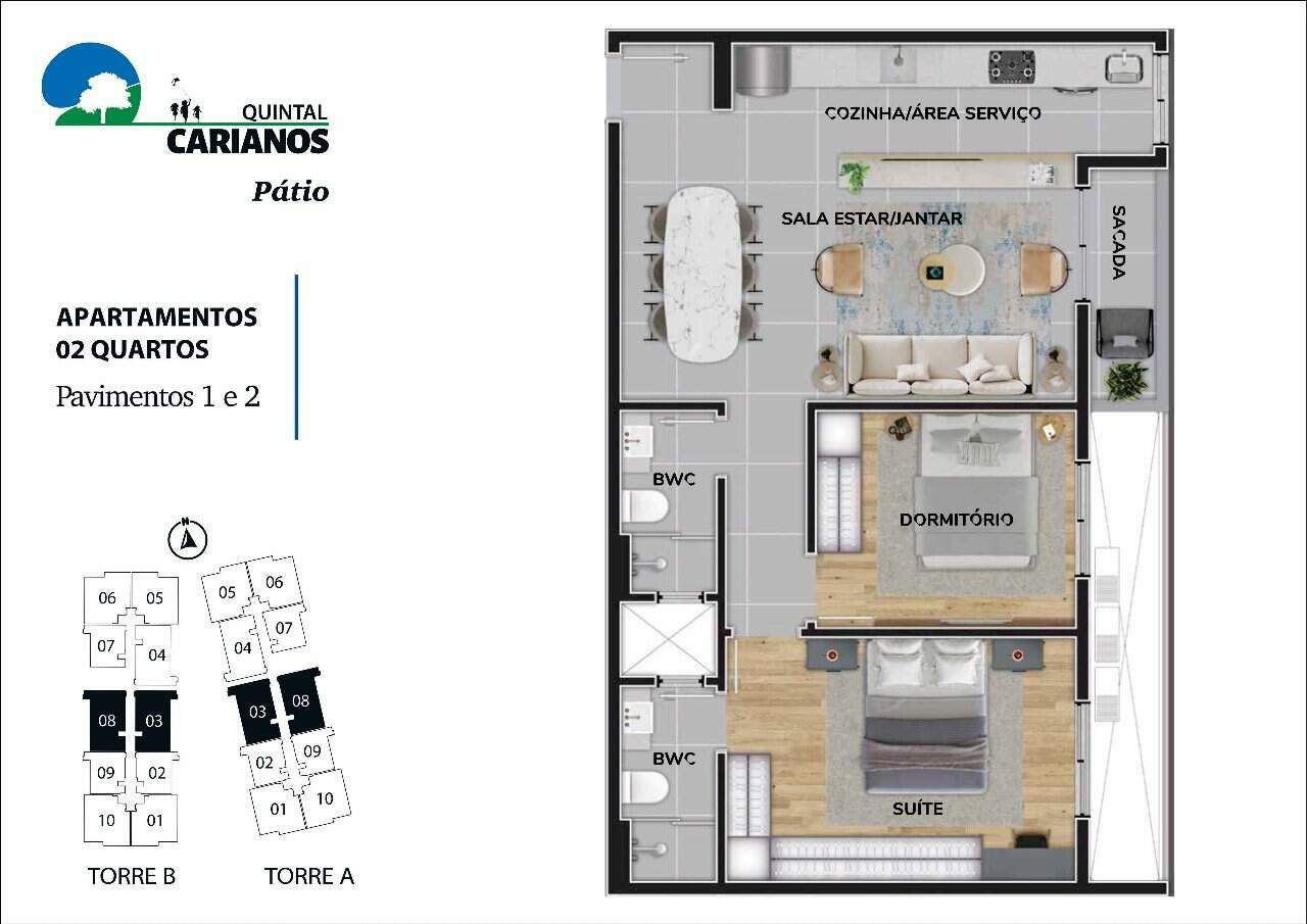 Apartamento à venda no Carianos: Planta humanizada final 8 - 2 quartos (imagem ilustrativa - mobili rio e decora  o n o inclu dos)
