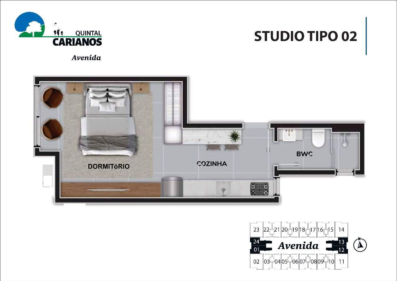 Apartamento à venda no Carianos: Planta humanizada final 24 - est dio (imagem ilustrativa - mobili rio e decora  o n o inclu dos)