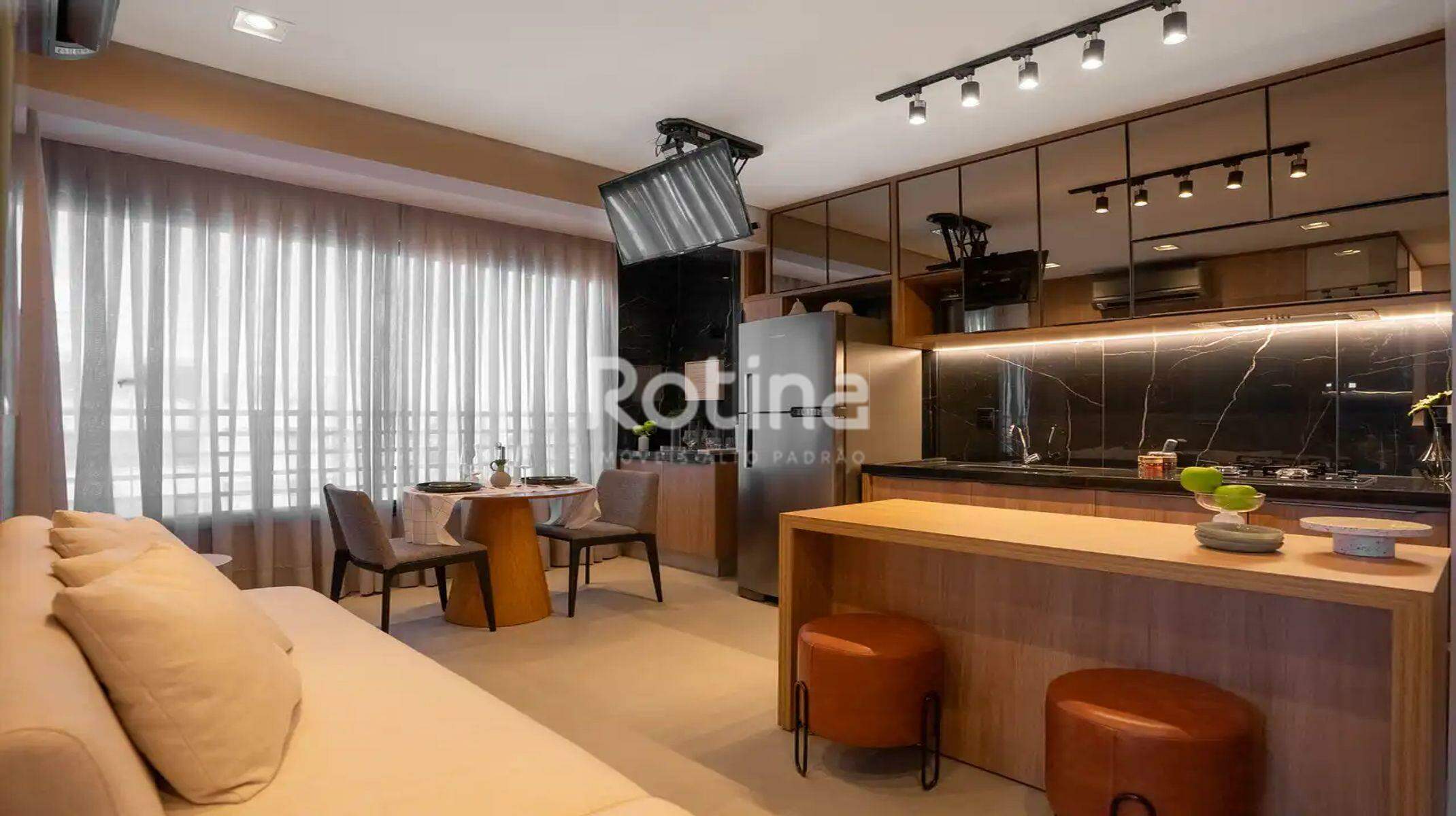 Apartamento à venda, 1 até 1 quartos em Uberlândia no bairro Saraiva no valor de R$ R$ 485.000,00 até R$ 485.000,00 - Rotina Imobiliária: Sala de estar e cozinha