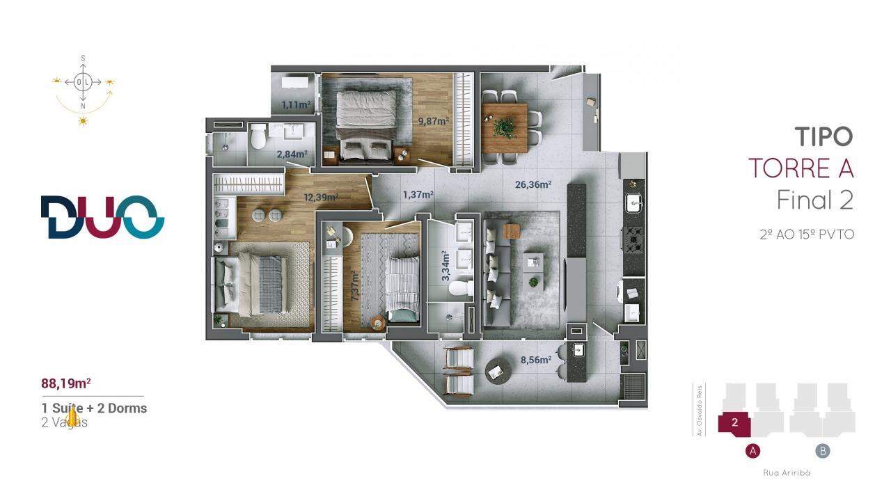 Duo Praia Brava Apartamento com 3 quartos, Praia Brava: planta do imóvel