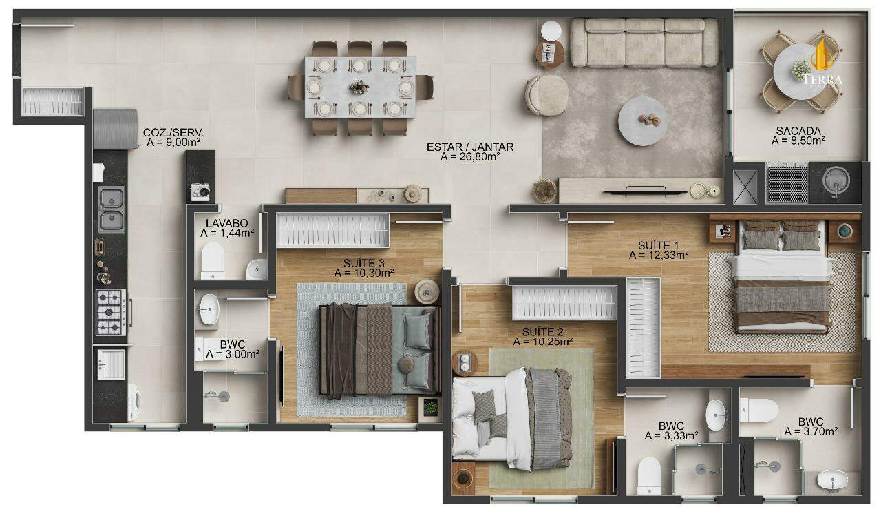 L’essence Residence Apartamento com 3 quartos, Fazenda: 
