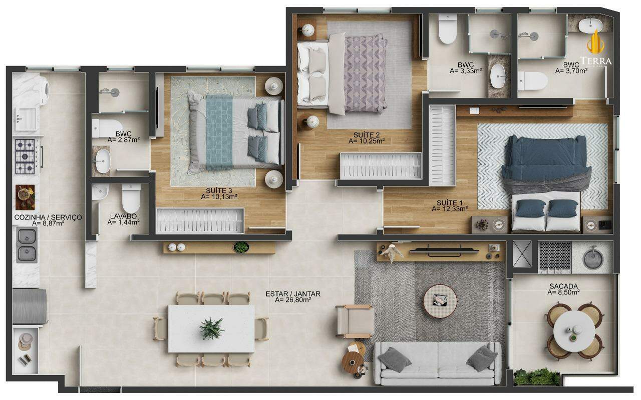 L’essence Residence Apartamento com 3 quartos, Fazenda: 