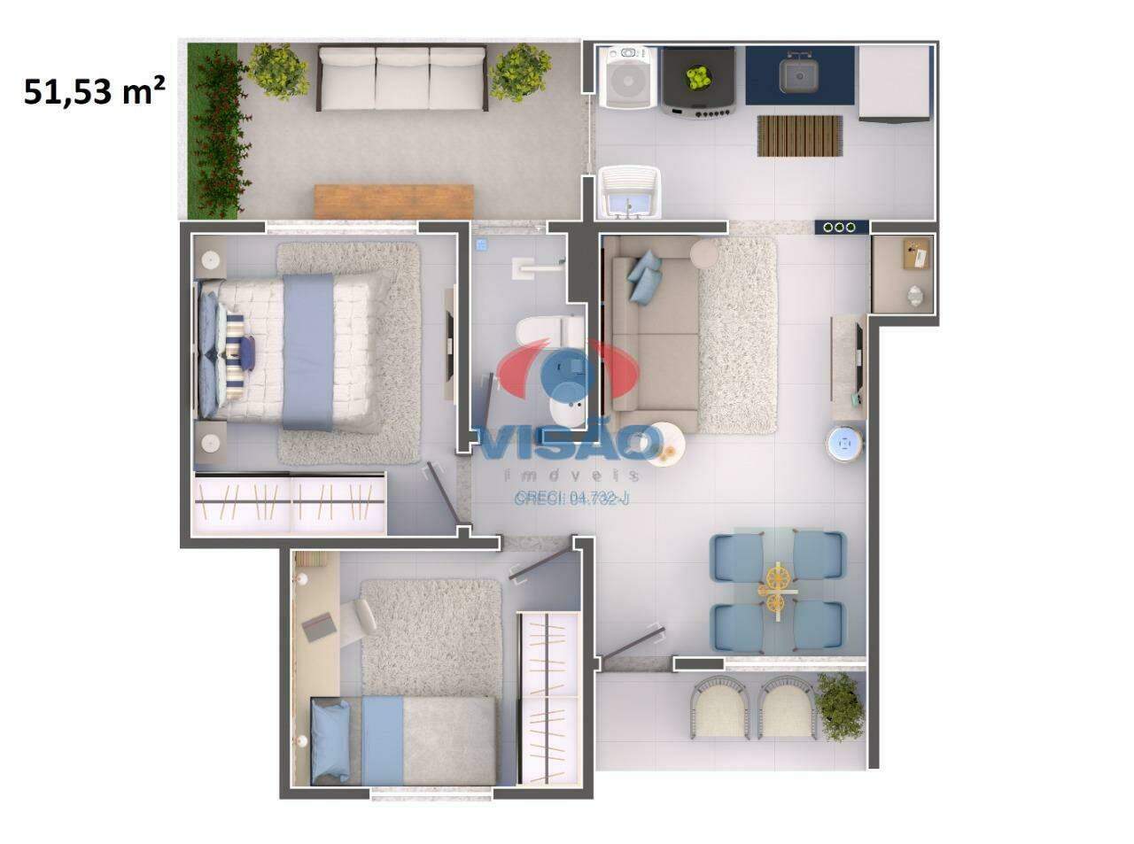 Apartamento à venda no Residencial Céu Azul: Planta tipo térreo 51,53m²